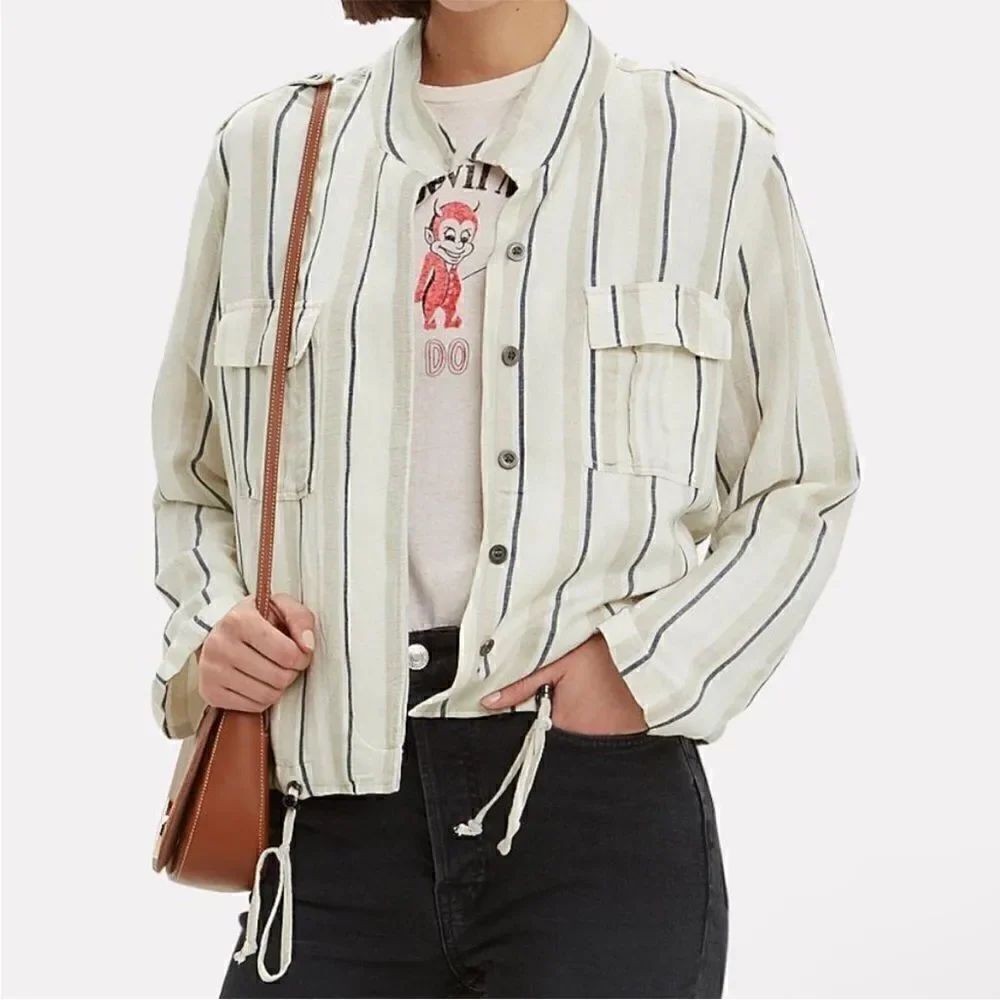 LOFT (New) Lightweight Linen Button Down Striped Collared Top (Size: Small